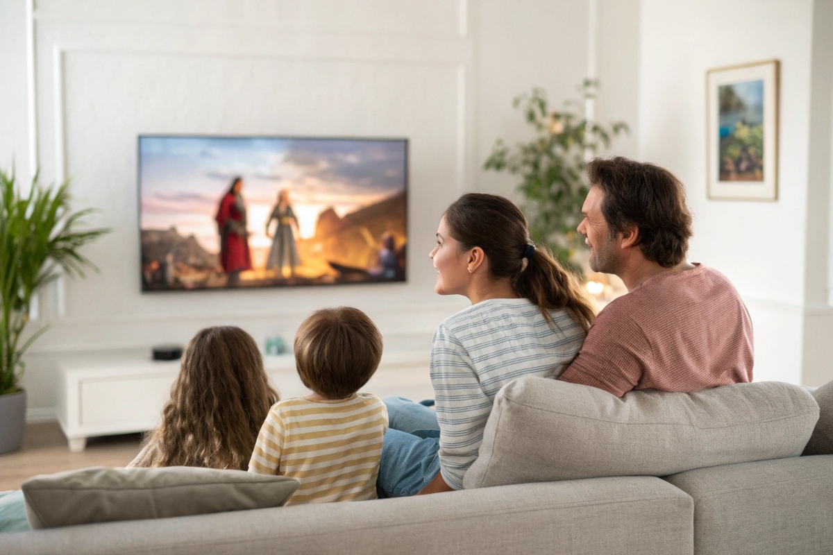 Une famille qui regarde le film NINO