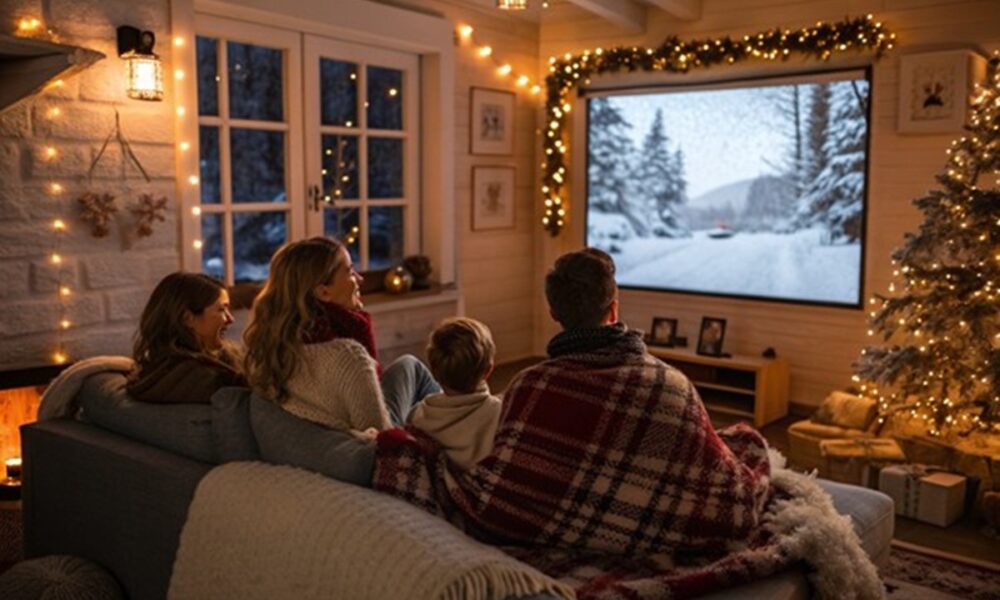 Une famille regardant un film d’hiver en streaming