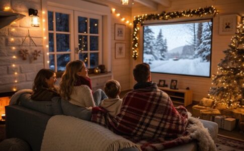 Une famille regardant un film d’hiver en streaming
