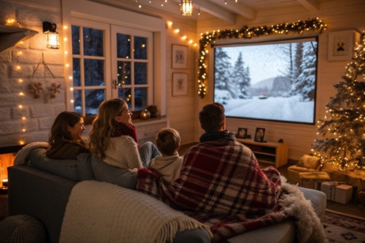Une famille regardant un film d’hiver en streaming