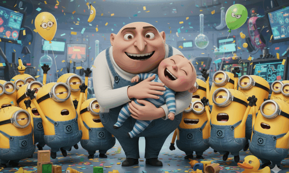 Gru tenant Gru Junior dans ses bras