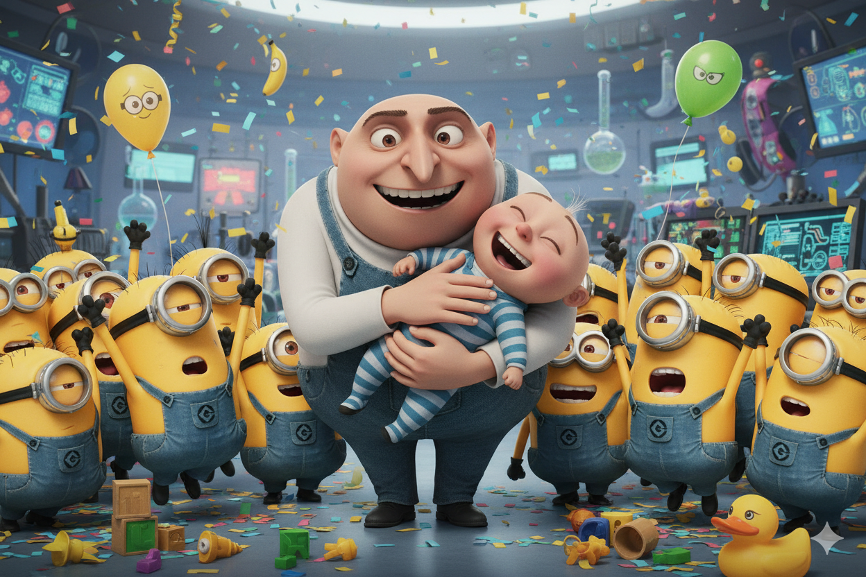 Gru tenant Gru Junior dans ses bras