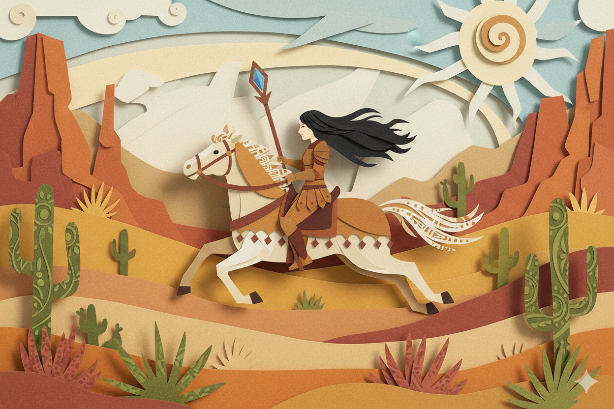 Illustration Maya chevauchant un cheval 
