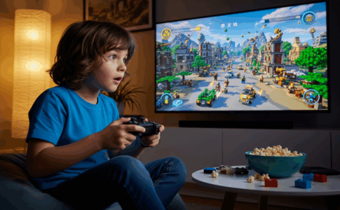 Un enfant qui joue aux jeux vidéo LEGO