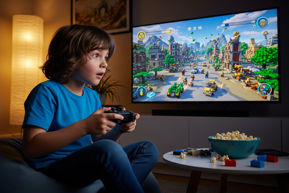 Un enfant qui joue aux jeux vidéo LEGO