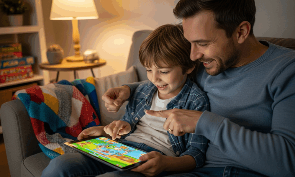 Un parent qui joue avec son enfant sur une tablette