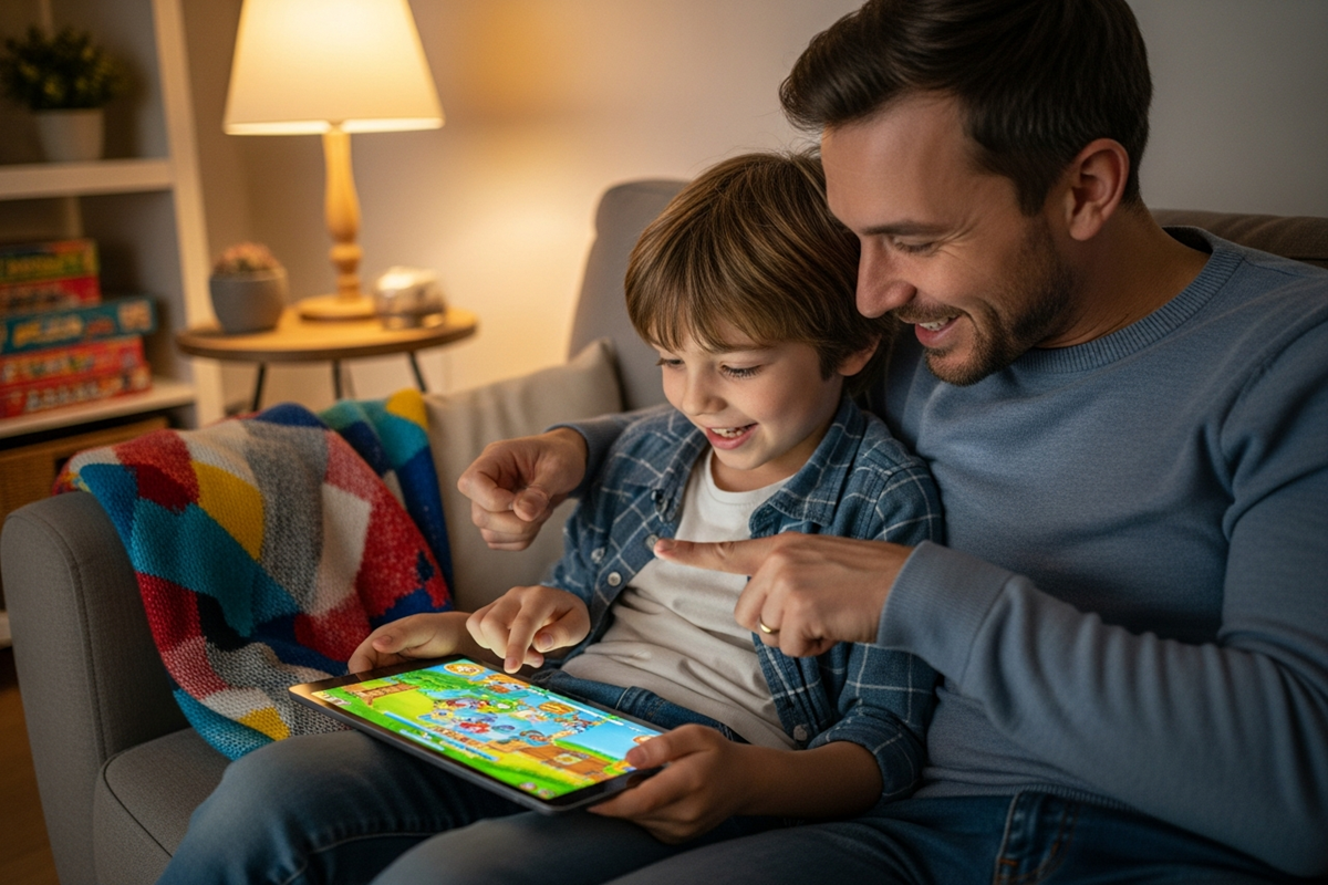 Parent et enfant qui jouent à des jeux familiaux sur une tablette