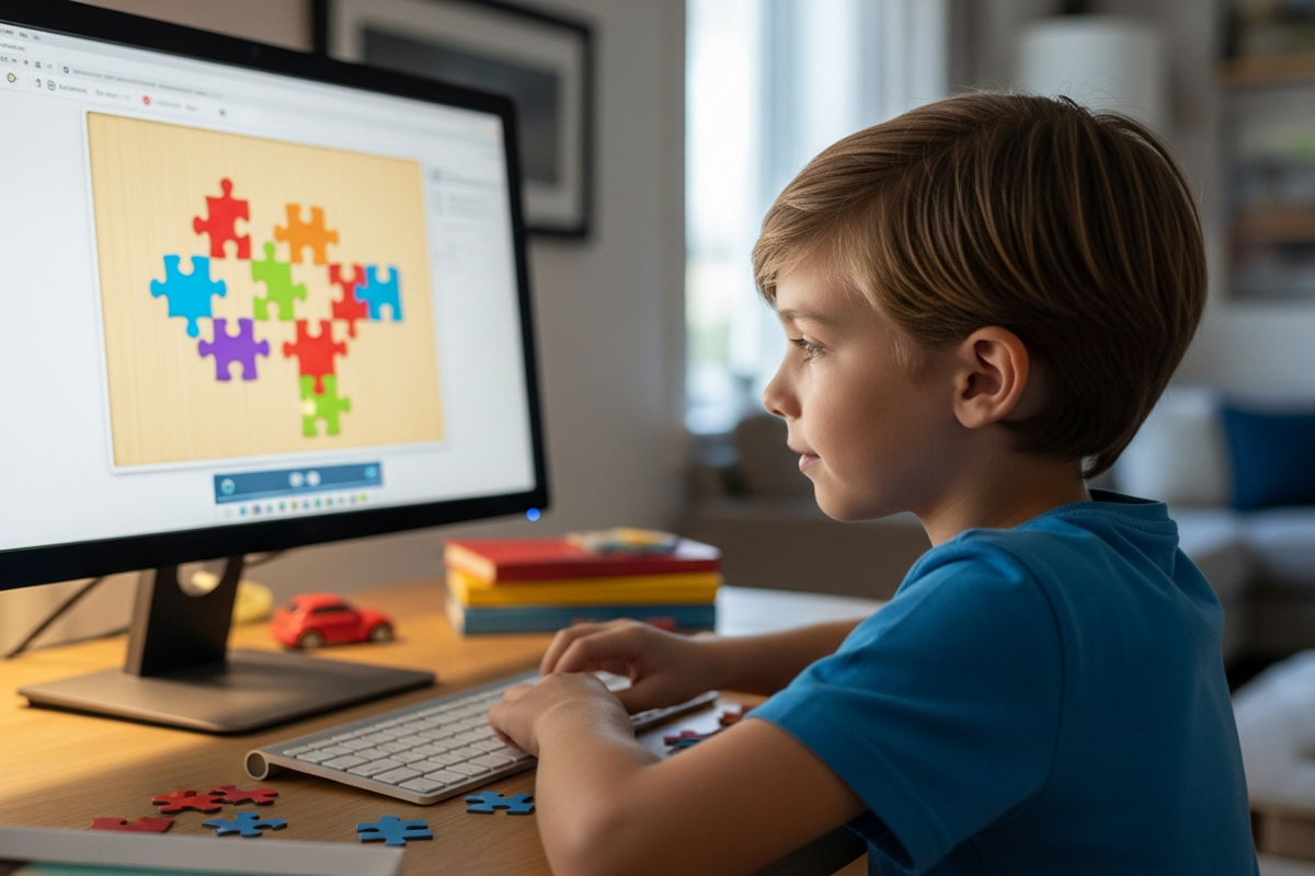 Un enfant qui joue aux puzzles sur un ordinateur
