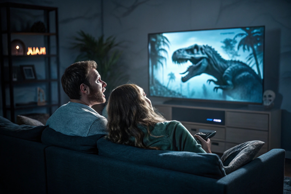Couple regardant Jurassic World Renaissance en streaming