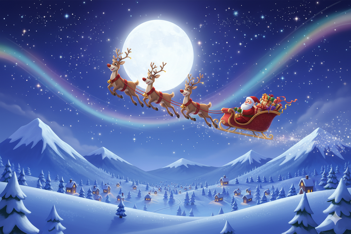 Le traîneau du Père Noël survolant les paysages enneigés