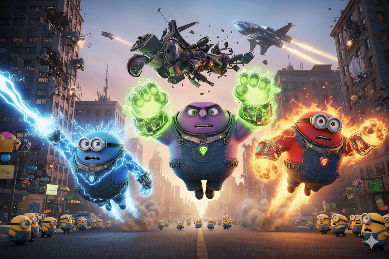Les Mega Minions affichant leurs nouveaux super-pouvoirs