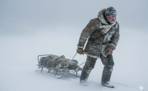 Overgård tirant un traîneau de fortune dans le film Arctic