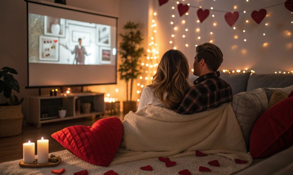 Un couple regardant des comédies romantiques dans un décor de Saint-Valentin