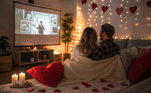 Un couple regardant des comédies romantiques dans un décor de Saint-Valentin