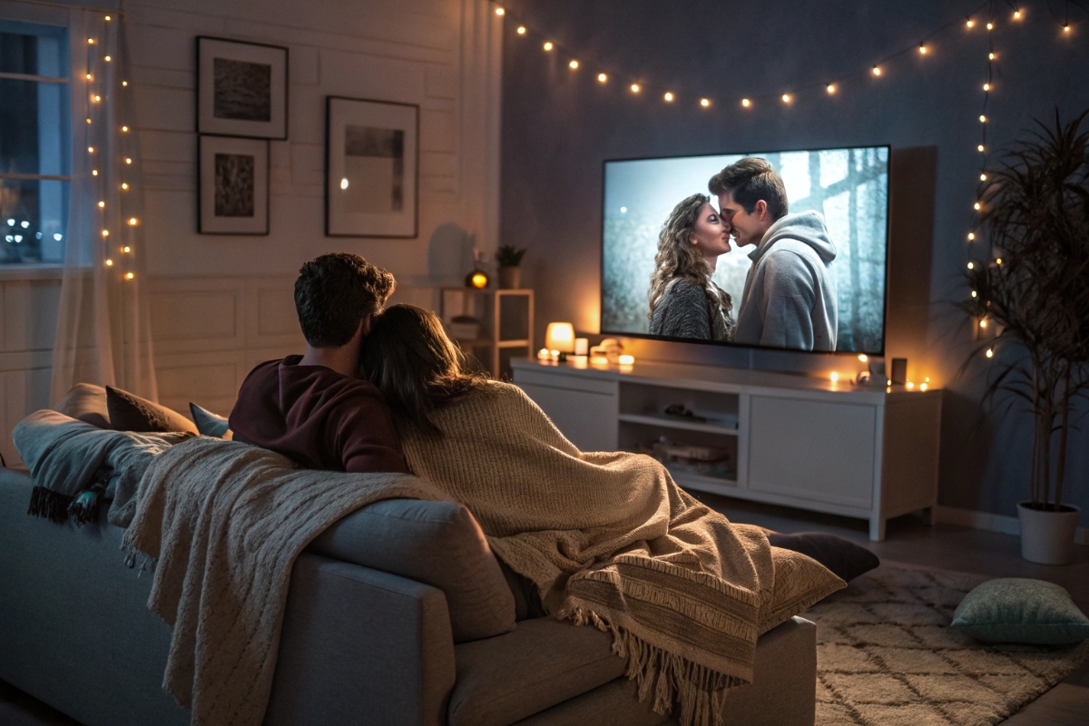 Un couple regardant un film romantique en streaming