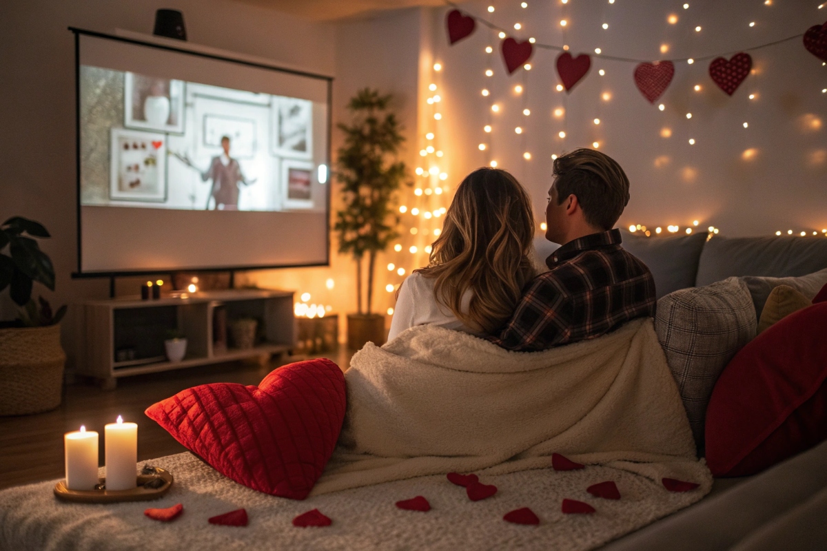 Un couple regardant des comédies romantiques dans un décor de Saint-Valentin