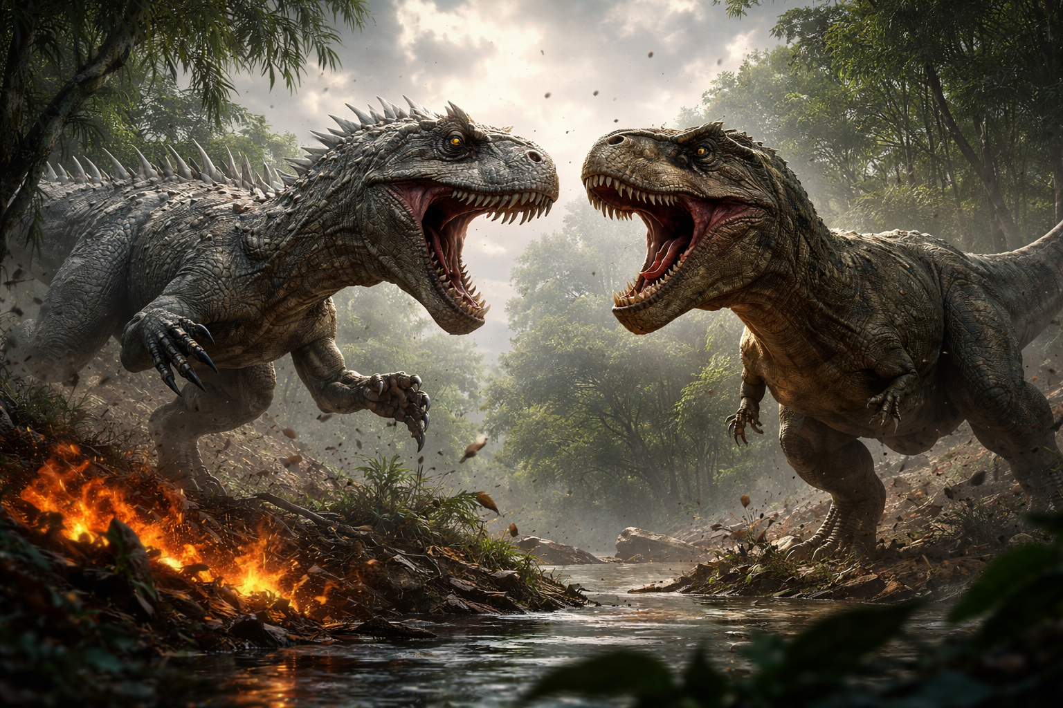 Scène de combat entre l’Indominus Rex et le T-Rex