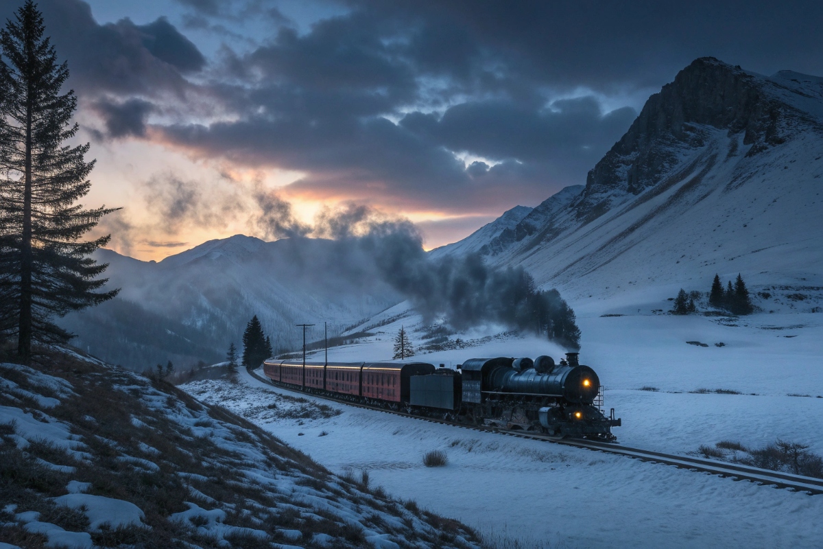 Train à vapeur dans un paysage enneigé