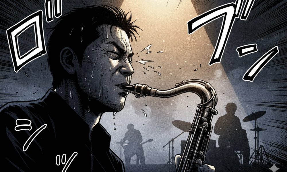 Un homme jouant du saxophone comme dans Blue Giant