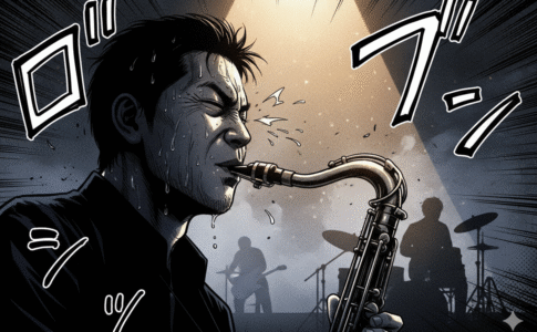 Un homme jouant du saxophone comme dans Blue Giant