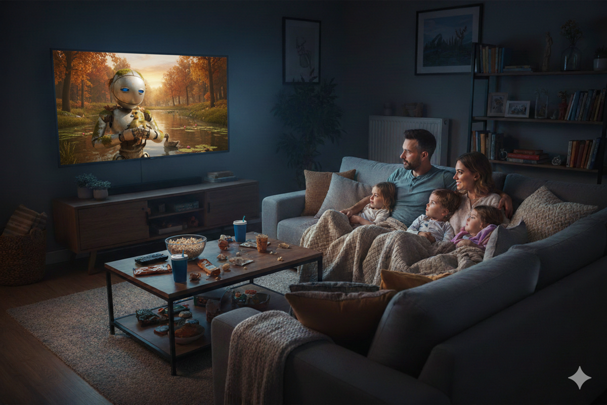Une famille regardant Le Robot Sauvage