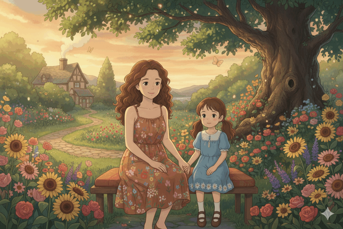 Une fille et sa mère assises dans leur jardin