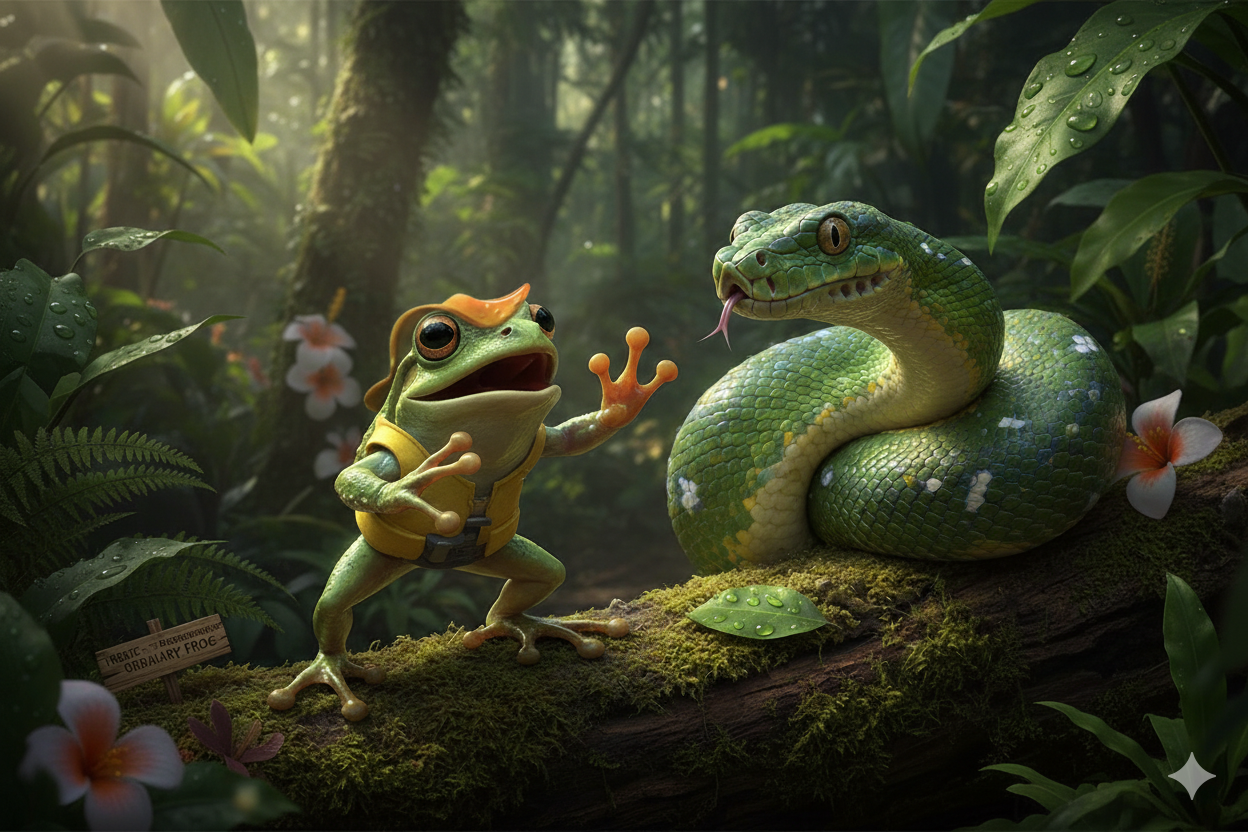 Une grenouille ordinaire face à un serpent