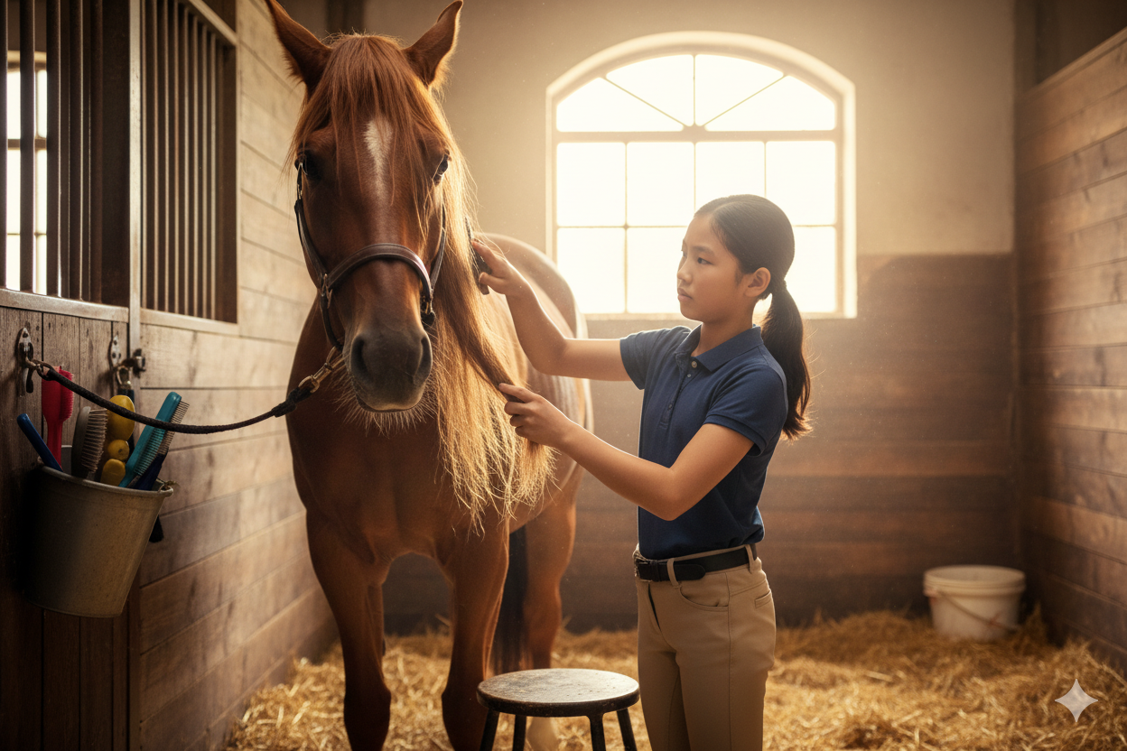 Une jeune fille brossant la crinière d’un cheval