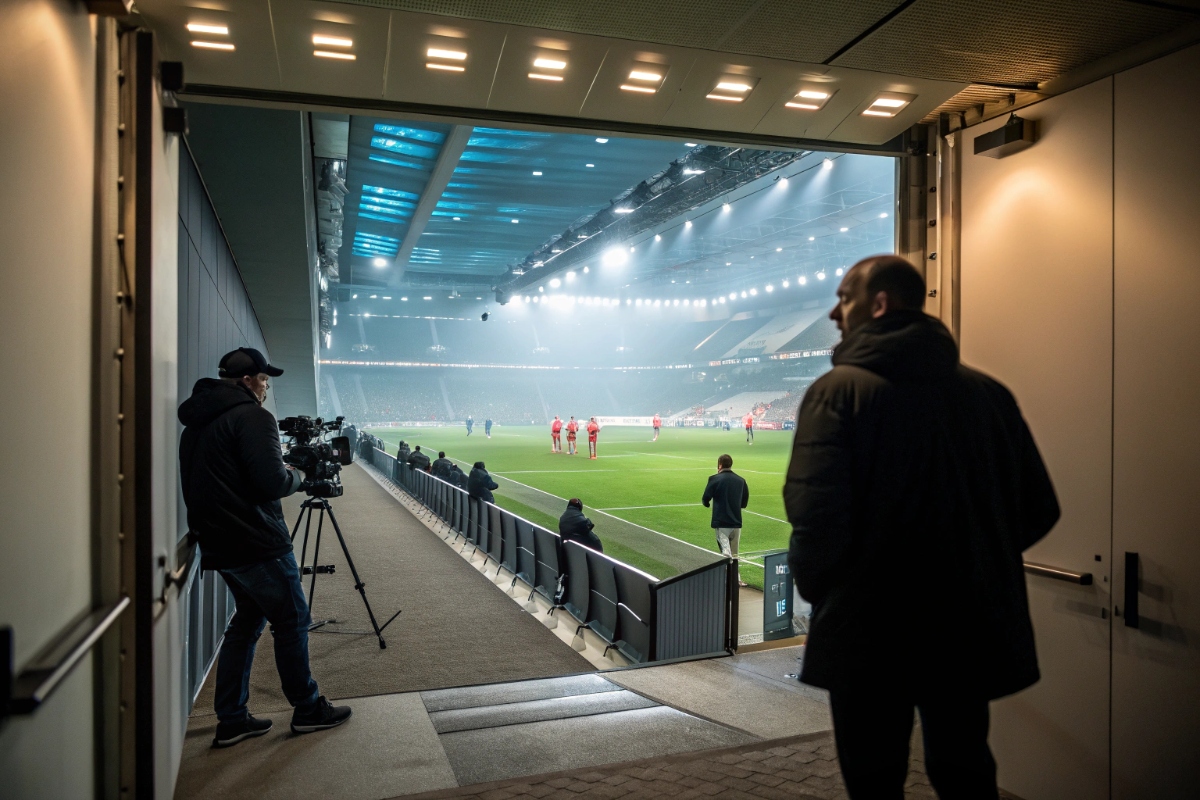 Coulisses d’un stade de football professionnel avec silhouettes floues
