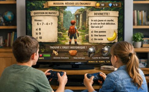 Des enfants jouant à un action game pédagogique