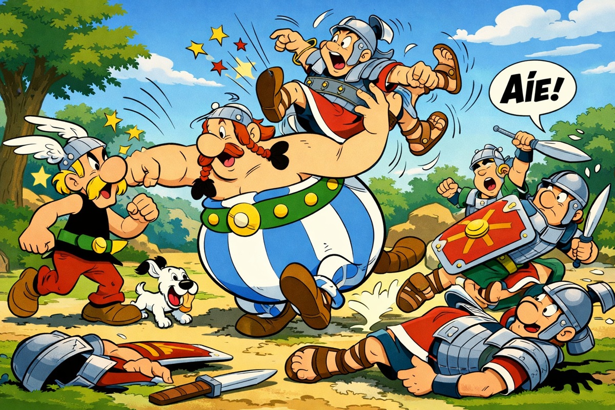 Astérix et Obélix tabassant des Romains