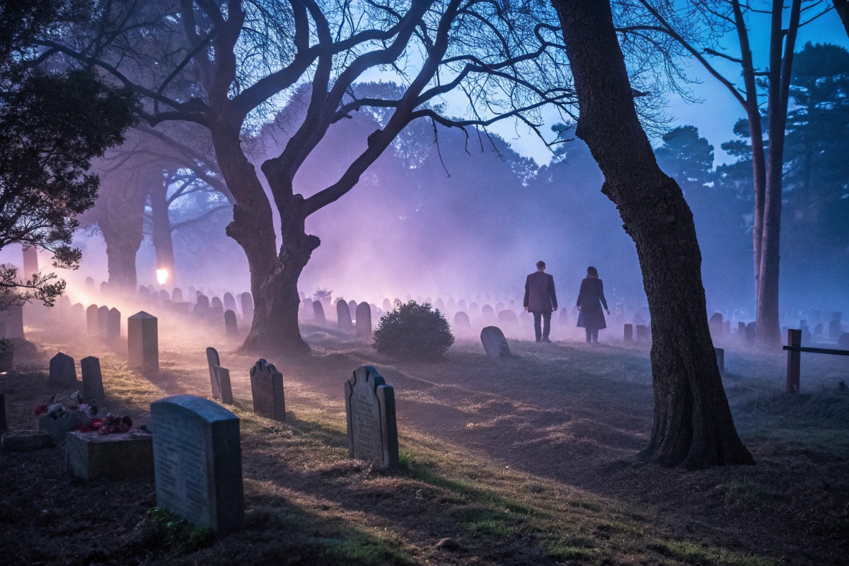 Cimetière sombre avec atmosphère zombie pour comédie horrifique en streaming