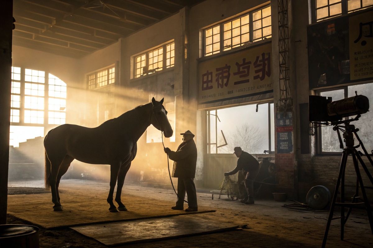 Studio de tournage chinois avec cheval et silhouette de cascadeur