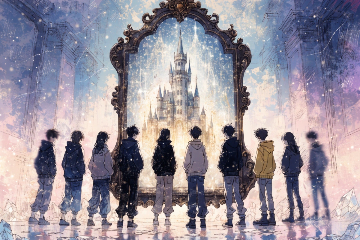 Des adolescents devant un grand miroir