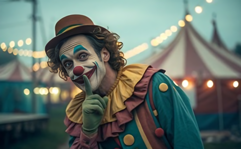 Un clown souriant avec un doigt sur sa bouche