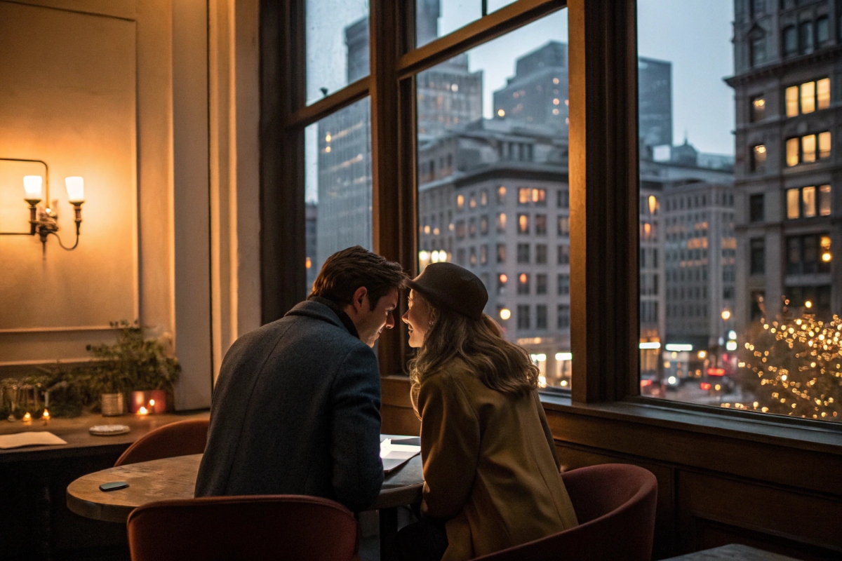 Couple dans un décor urbain chaleureux et romantiques