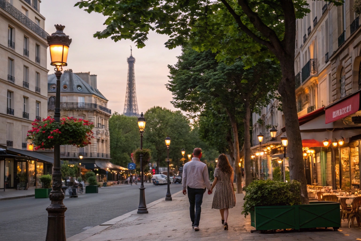 Un couple se baladant dans une rue éclairée