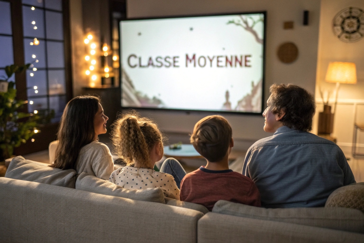 Une famille regardant la comédie sociale Classe Moyenne