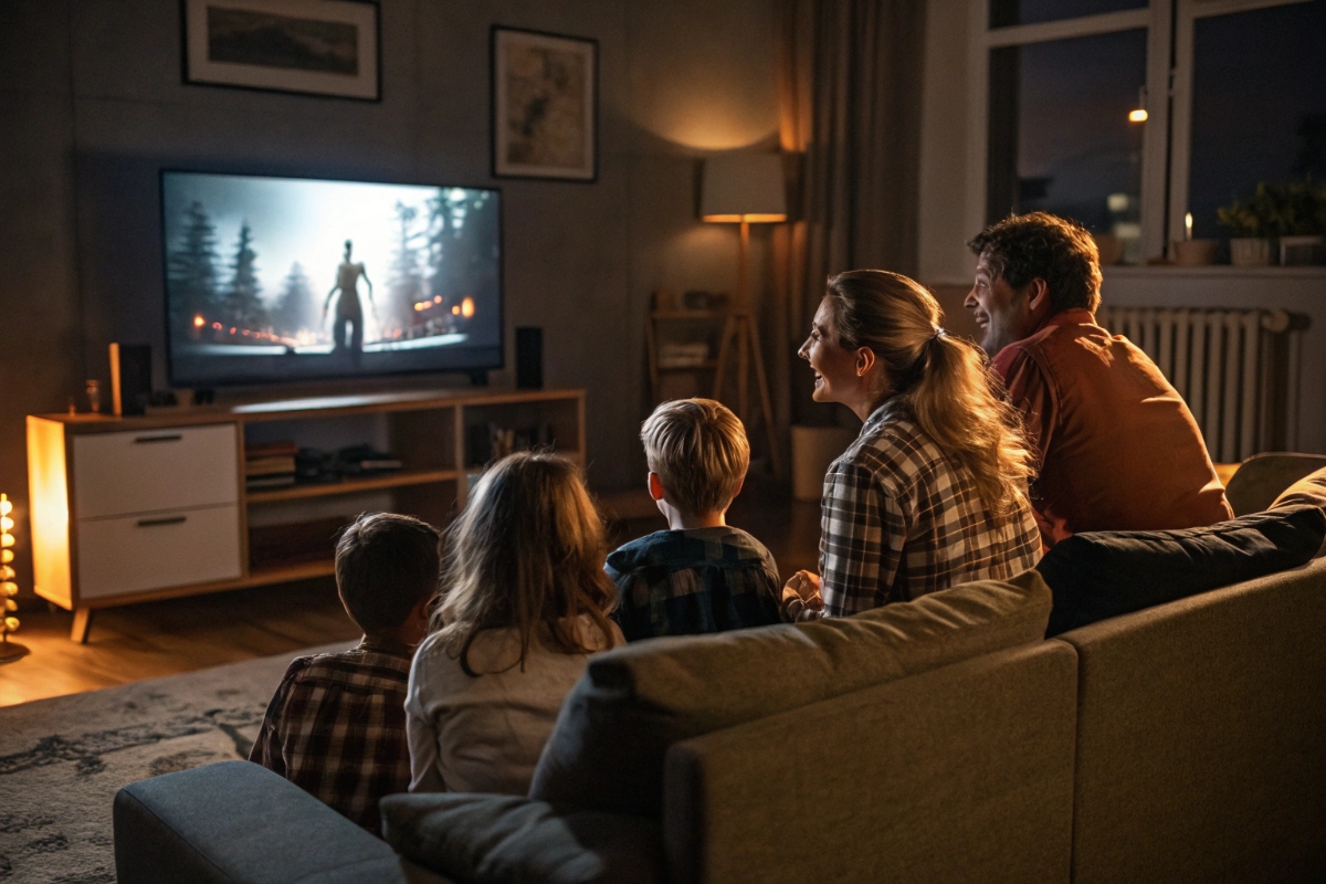 Une famille regardant le film dramatique Rembrandt