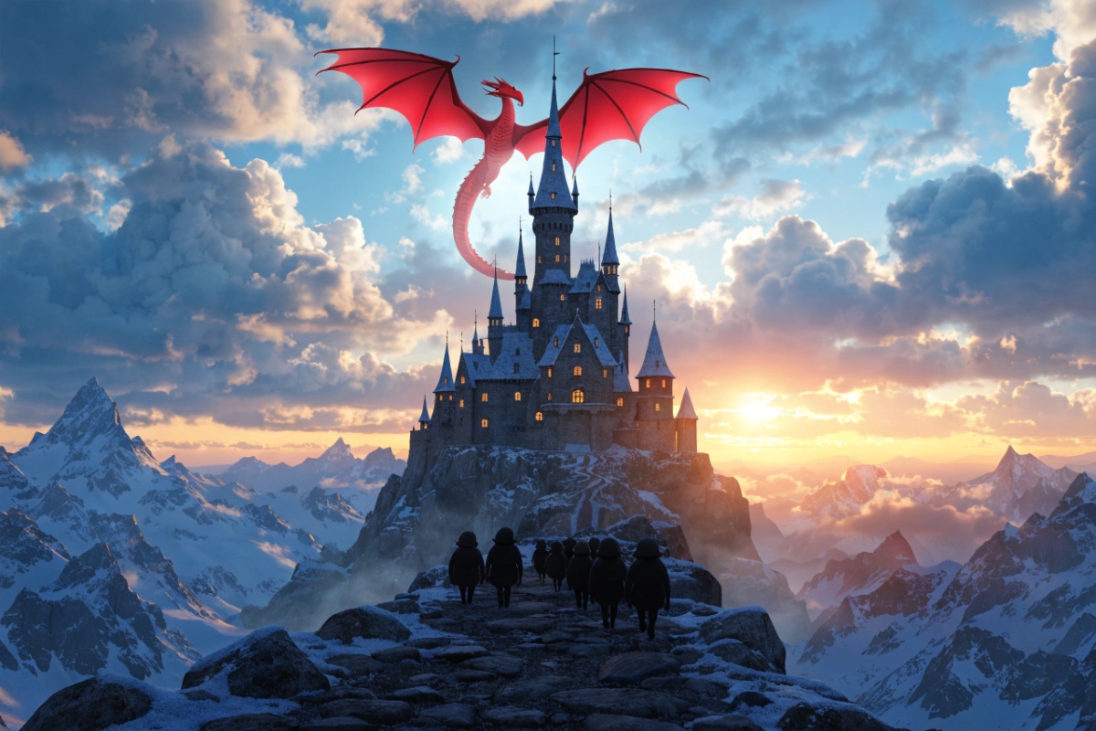 Un dragon rouge volant au-dessus d’un château