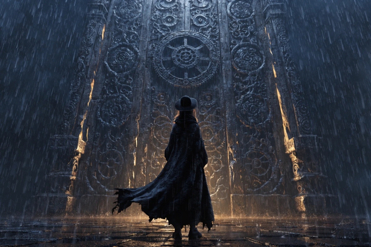 Une fille devant une porte magique