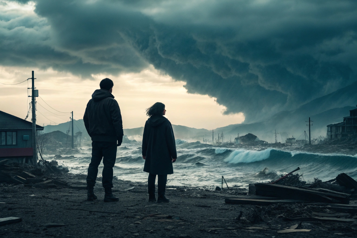 Silhouette de deux personnes face à un paysage apocalyptique 
