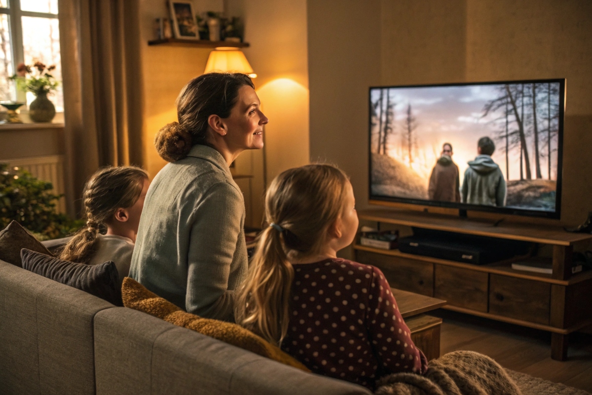 Une famille regardant le film historique The Convert