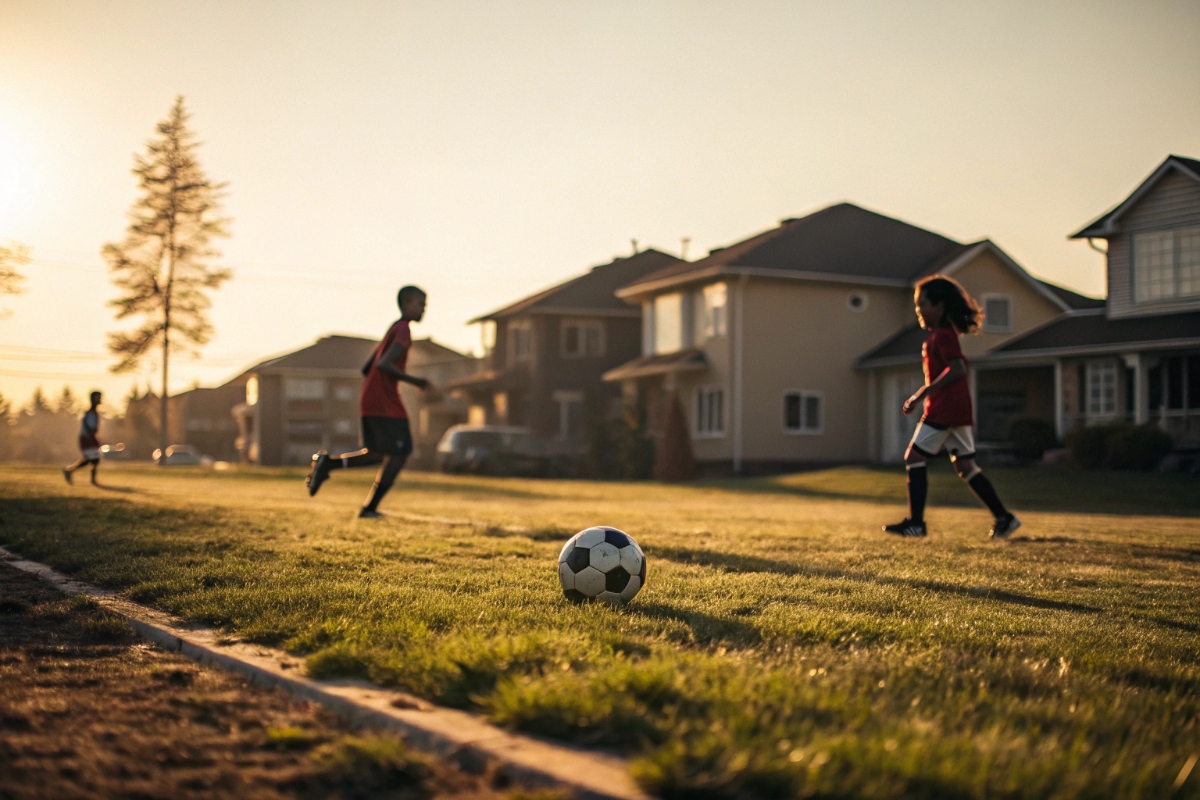 Terrain de football de quartier avec jeunes joueurs représentant la fraternité sportive