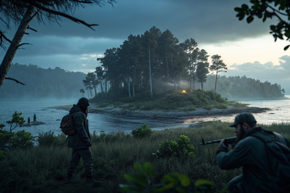 Décor sombre sur une île isolée illustrant une chasse humaine 