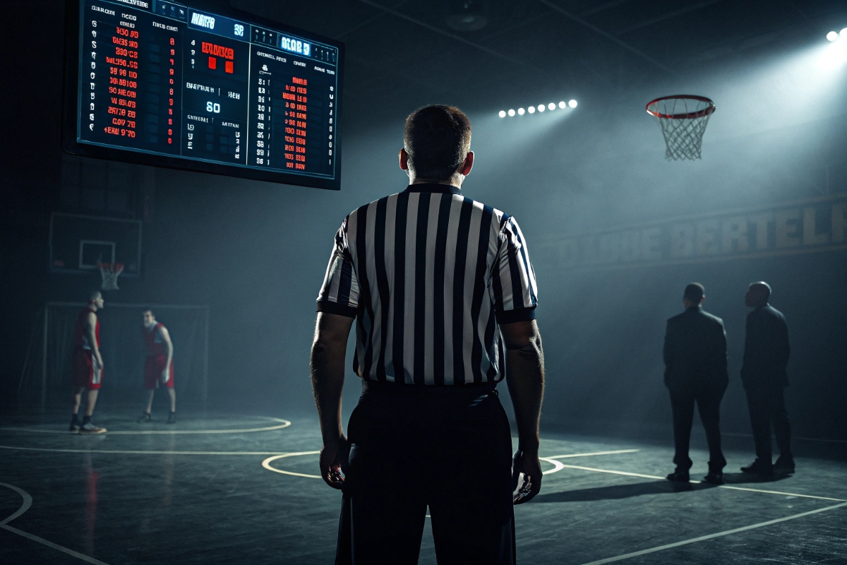 un arbitre et des joueurs de la NBA