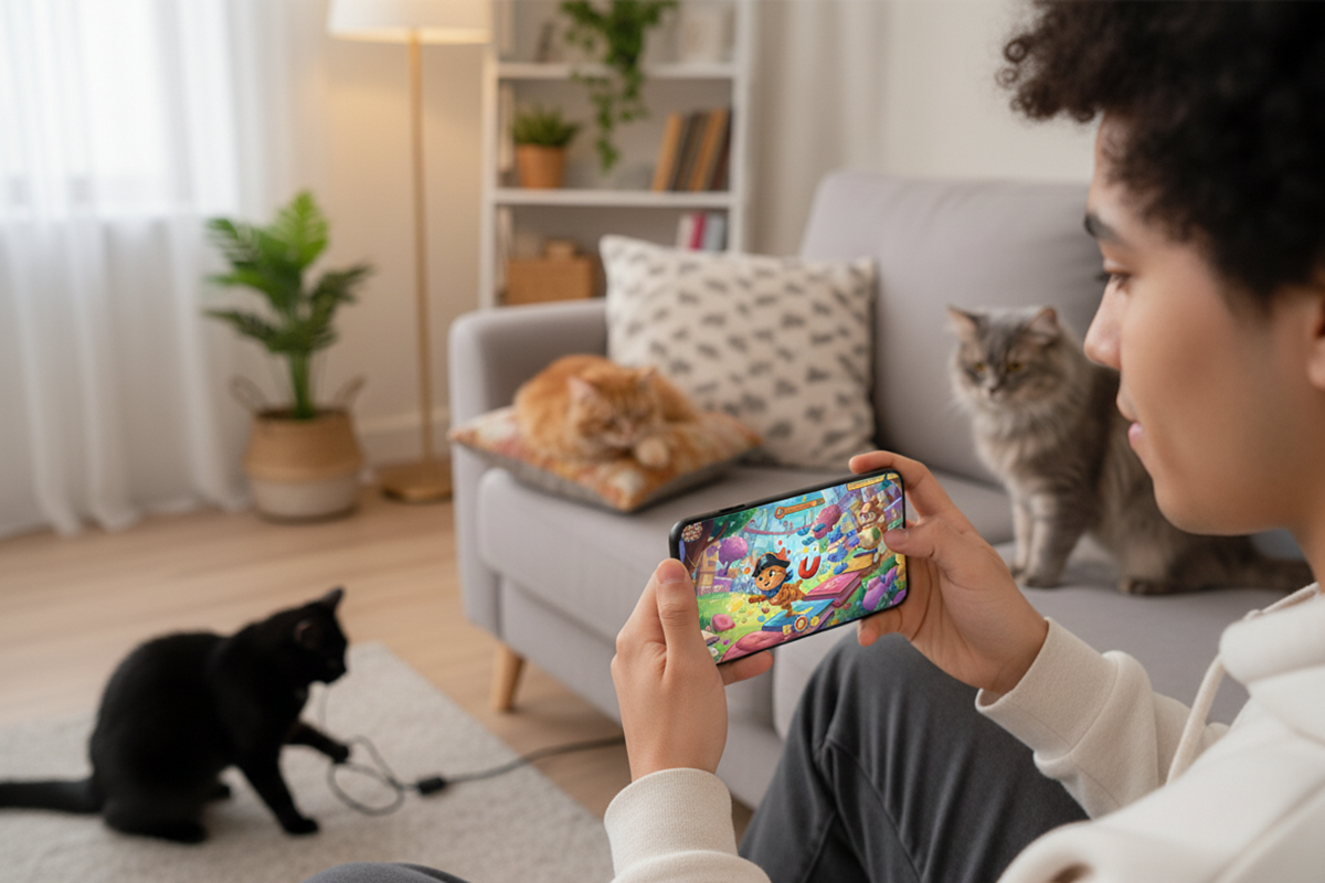 Une personne qui joue à des jeux avec des chats