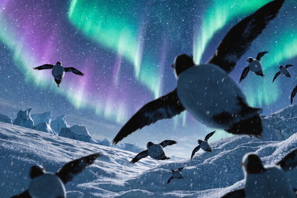 Silhouettes de macareux dans un décor enneigé