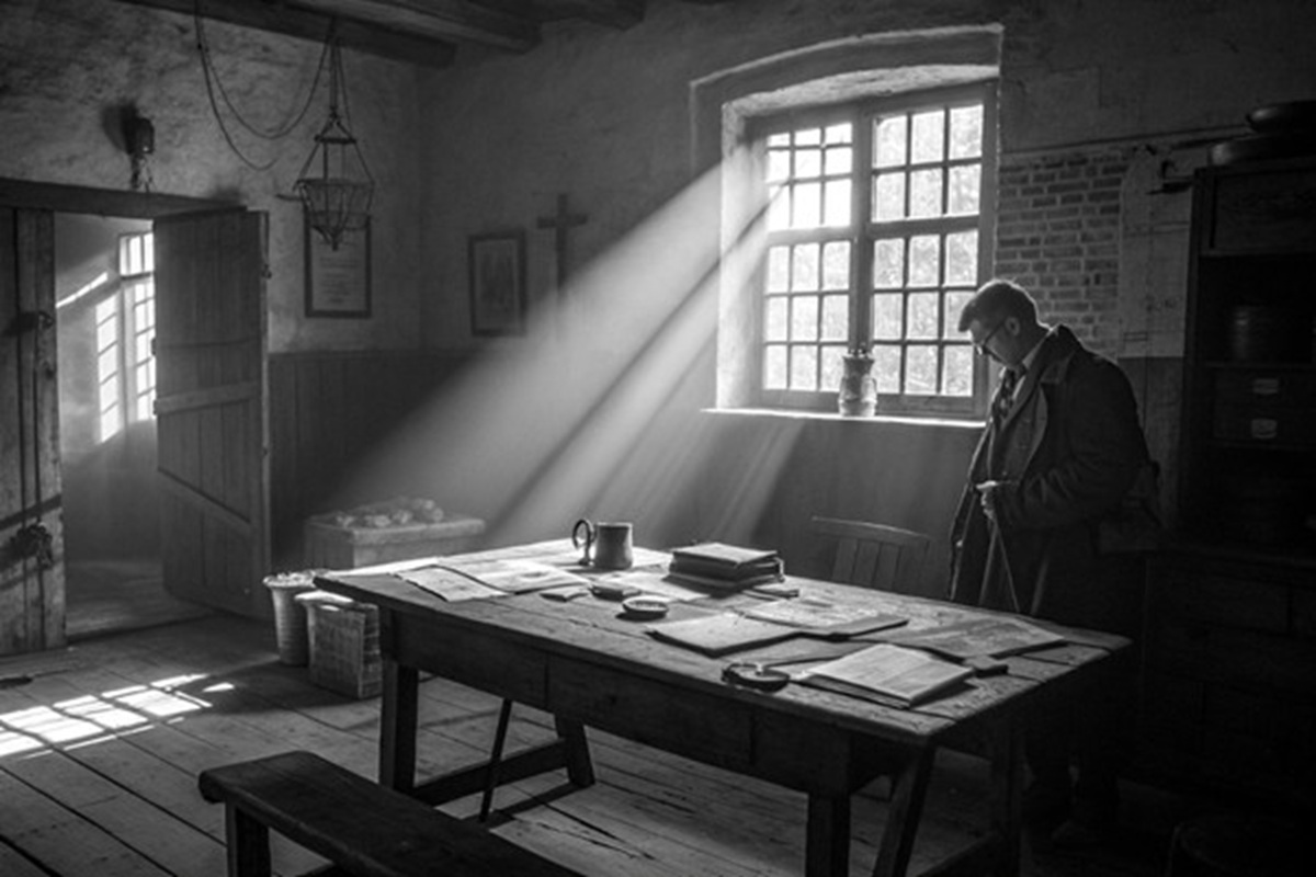 Scène sobre et introspective dans un intérieur ancien, éclairée par la lumière naturelle