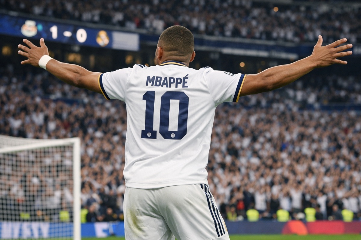 Kylian Mbappé avec le maillot du Real Madrid 
